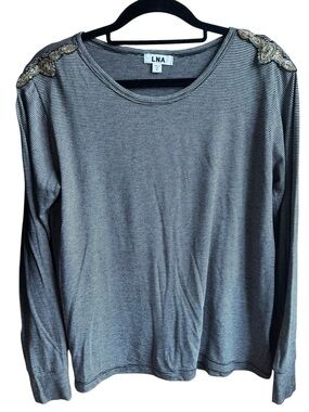 LNA Striped Long Sleeve Top Embellished Shoulders Size S